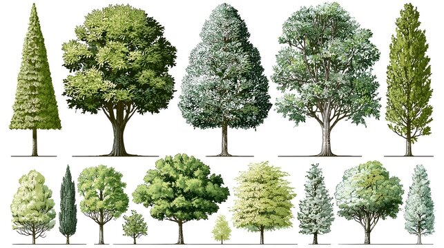 Pack of trees in elevation and plan view for use in architectural drawings - isolated on white background background Stock Illustration