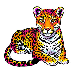 Obraz premium Cute neon rainbow colored leopard cub illustration, isolated on white background