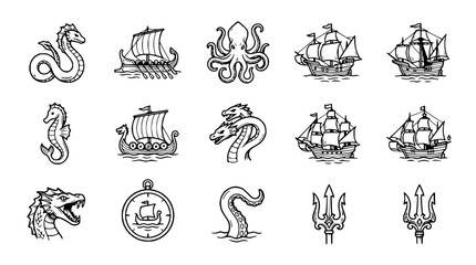 Obraz premium Mythical Sea Creatures and Ancient Ships Collection: Kraken, Dragon, Hydra, Seahorse, Viking Boats