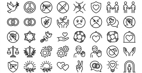 Fototapeta premium No Violence Black and White Outline Icons Set with Peace and Safety Symbols