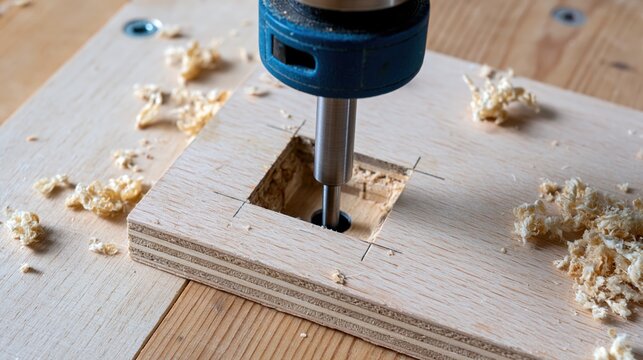 Per&ccedil;age pr&eacute;cis d'une planche en contreplaqu&eacute; avec une m&egrave;che de d&eacute;fonceuse