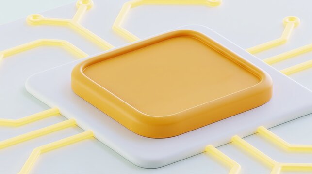 Puce &eacute;lectronique stylis&eacute;e en jaune dor&eacute; avec circuits imprim&eacute;s blancs