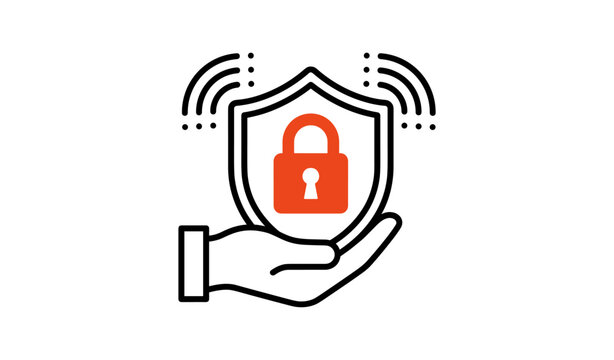 Hand holding shield with padlock and wireless signals