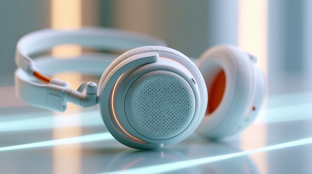 Casque audio blanc et orange pos&eacute; sur une surface en verre