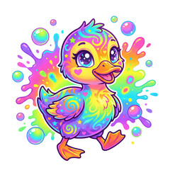 Fototapeta premium Cute neon rainbow colored duckling with paint splashes illustration