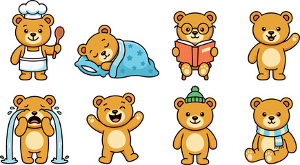 Obraz premium Cute cartoon teddy bear character set with various daily activities isolated on white background