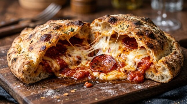 Close-up cross-section of a baked calzone pizza pulled apart, showcasing melting stringy mozzarella cheese, pepperoni slices, and rich tomato sauce oozing out.