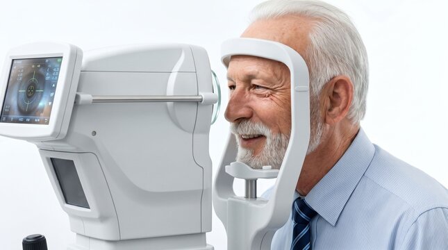 Senior man sitting for eye exam with modern autorefractor machine