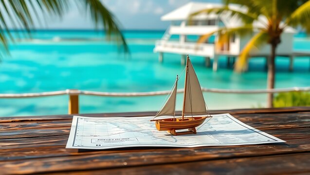 A miniature wooden sailboat model resting on a nautical map on a wooden deck overlooking a tropical turquoise sea and overwater bungalow