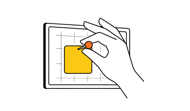 Hand placing pin on tablet interface with grid layout