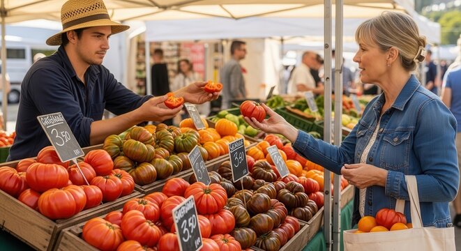 Young woman shopping for tomatoes at outdoor market stall