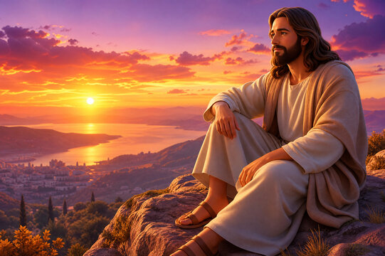 esus Christ Sunset Contemplation: Peaceful Moment, Biblical Scene, Christian Faith,
Spiritual Reflection, Serene Landscape, Religious Art, Hopeful Sky