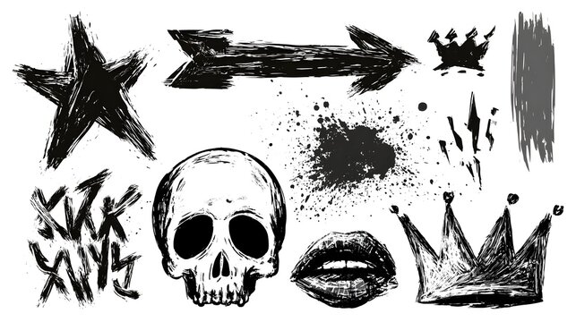 Punk and graffiti style brush drawn doodle shapes. Hand drawn bold brush star, arrow, skull and crown. Graffiti bold brush drawn figures for collages, grunge street art design, rock and roll 