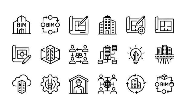 Building information modeling icons set architectural design and construction
