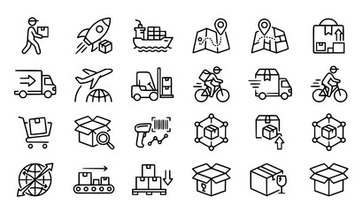 Fototapeta premium Logistics and delivery icons set linear style