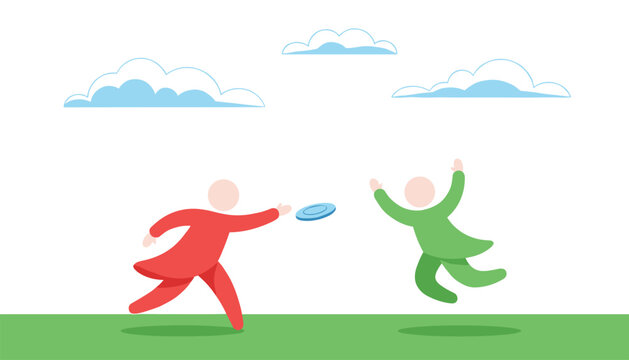 Two people playing with a flying disc frisbee in a green park with clouds in the sky while having fun outdoors during a sunny day of recreation.