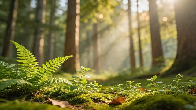 Sunlit forest floor with ferns and moss