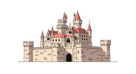 Medieval castle with red towers and fortified stone walls © Hotmanparis