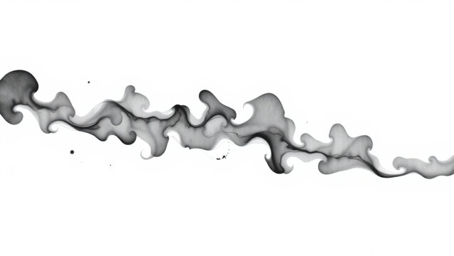 Black and white ink flowing in wavy patterns creates abstract shapes like smoke clouds, with soft edges and delicate dro