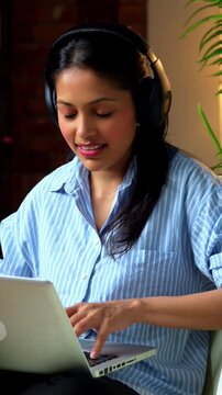 Indian businesswoman enjoying work on laptop while sitting on sofa in cozy home or office, expressing satisfaction and happiness with cheerful body language in a modern indoor setting