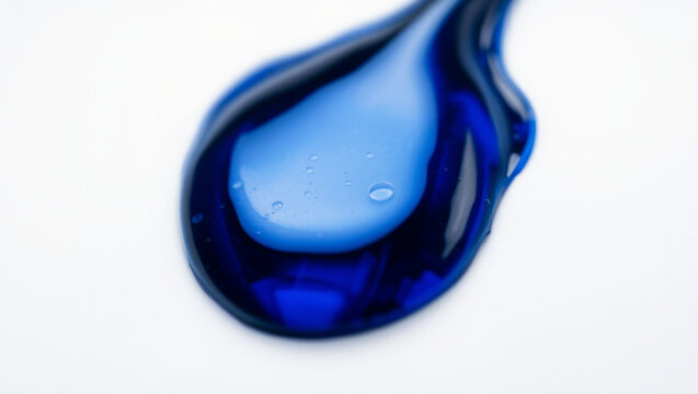 A deep blue liquid droplet on a white surface with smooth texture, teardrop shape, tiny inner bubbles, luminous refracti