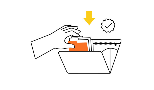 Hand placing folder into file folder with yellow circle background