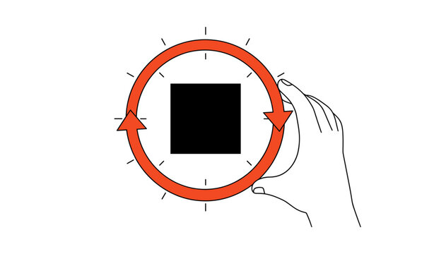 Hand rotating circular arrow around black square interface