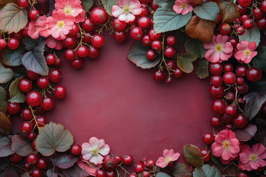 A Floral and Fruity Still Life on Burgundy Background