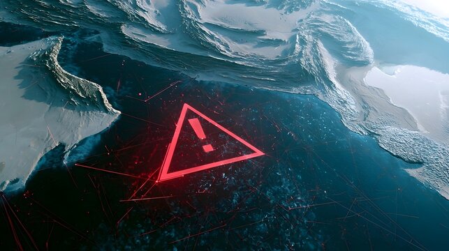 Satellite view of the Strait of Hormuz with a red warning symbol and digital lines. Concept of geopolitical tension, oil supply risks, maritime security, and global trade instability in the Gulf.