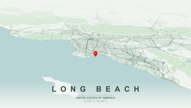 Modern minimalist vector map of Long Beach, California, USA. High-quality scalable illustration of Long Beach Los Angeles County city grid, Interstate 710, Interstate 405 for posters design.