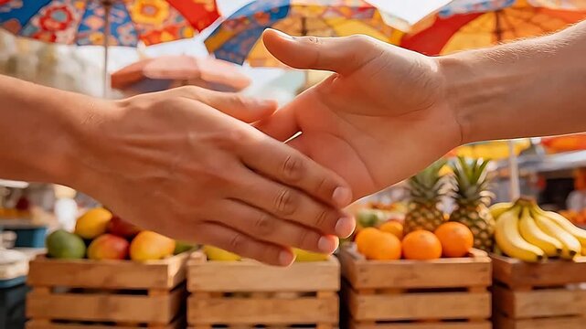Hands shaking at fruit market