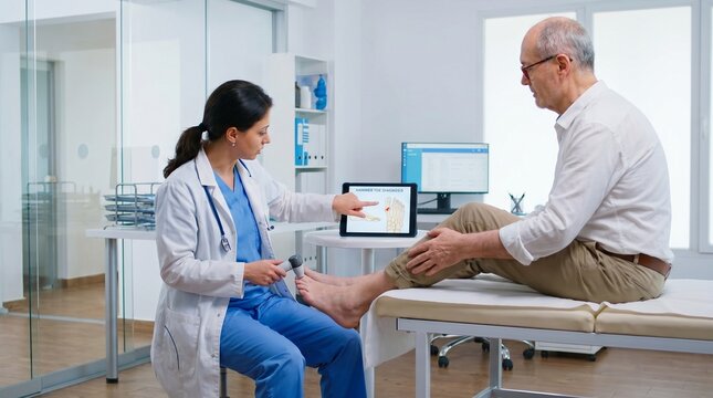 Hammer Toe Diagnosis Concept Featuring Healthcare Professional Evaluating Adult Foot Structure in Modern Medical Environment
