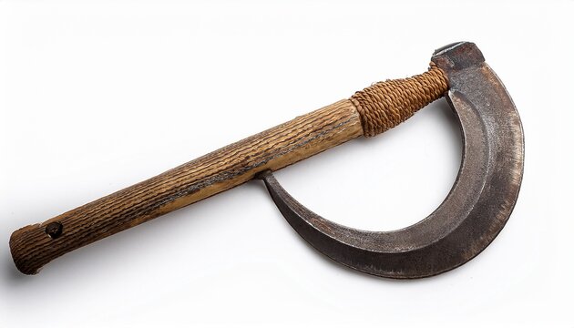 old sickle with wooden handle and metal blade on white background isolated on a white background