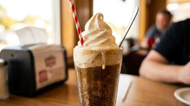 Delicious Root Beer Float with Soft Serve Ice Cream and Straws in a Glass.