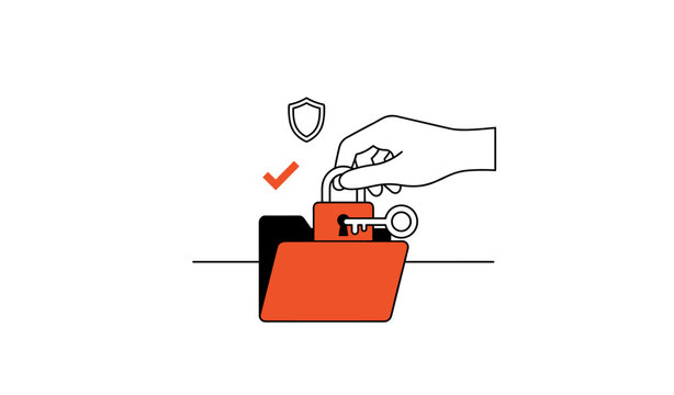 Hand unlocking padlock on folder with key and orange arc