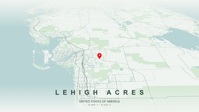 Modern minimalist vector map of Lehigh Acres, Florida, USA. High-quality scalable illustration of Lehigh Acres Lee County city grid, Mirror Lakes, State Road 82 for posters design.