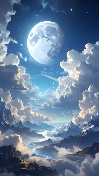 Celestial nighttime scene of mountains, clouds, and a full moon