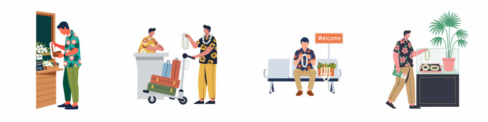 Set of illustrations depicting a man buying, receiving, and wearing traditional Hawaiian floral leis during his arrival at a tropical vacation destination. © Muqodimatul