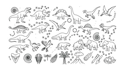 Dinosaur and Prehistoric Animal Vector Set, hand-drawn black and white line art collection, ancient creatures, fossils, and paleontological elements for educational designs and children's © Jamie