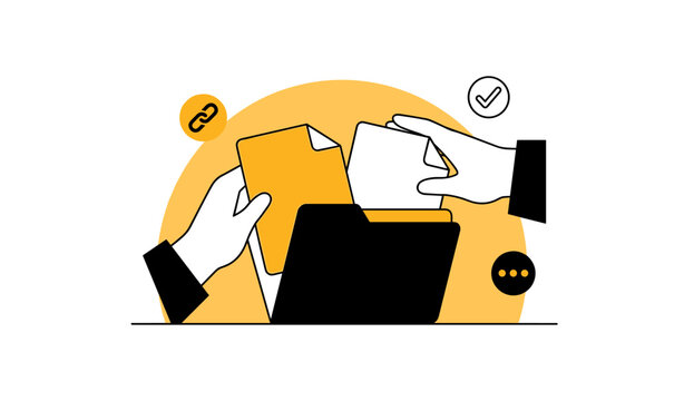 Hands placing folders into file folder on white background