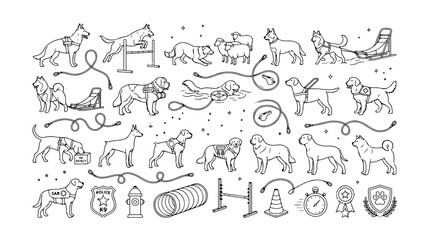 Dog training and agility vector icon set, hand-drawn canine obedience illustrations, pet care and animal sport graphics, black and white line art collection for veterinary and pet services. © Jamie