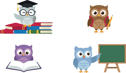 Cute school owl vector character set studying with books and blackboard isolated on white © Imran