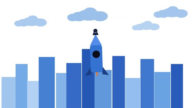 Businessman in rocket flying over city in blue sky