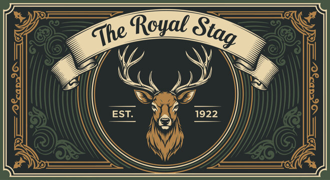 The Royal Stag Emblem with Deer Head and Vintage Ornate Frame