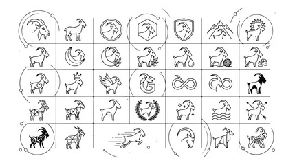 Fototapeta premium Minimalist goat icon set, 35 black and white vector goat illustrations, modern animal logo collection for branding and design projects, simple line art farm animal graphics