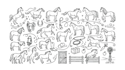 Obraz premium Hand-drawn horse vector collection, equestrian line art illustration set, farm animal and ranch life doodles, outline graphic resources for stable and riding themes.