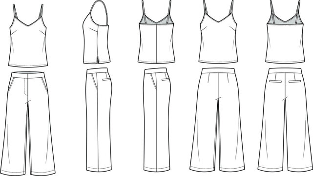 Cami top and wide leg trousers technical flat sketch vector
