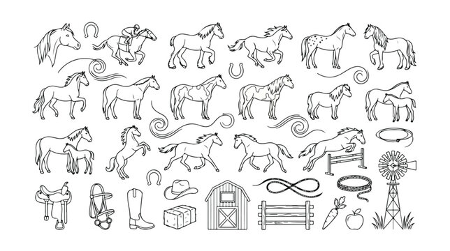 Rustic horse vector collection, hand-drawn equestrian illustrations, farm animal outlines, cowboy lifestyle elements, and ranch-themed graphics for Western designs.