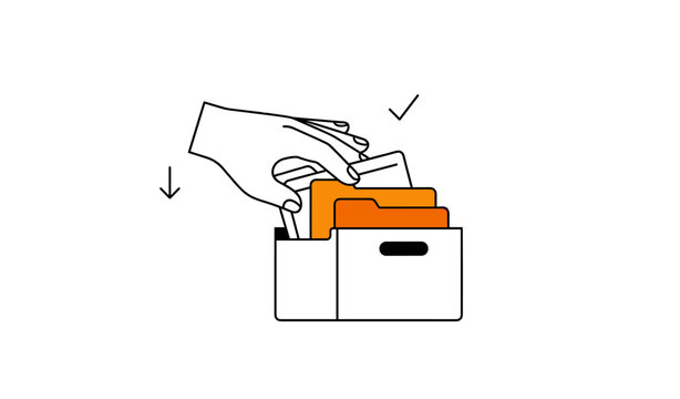 Hand filing folders into storage box with red semicircle