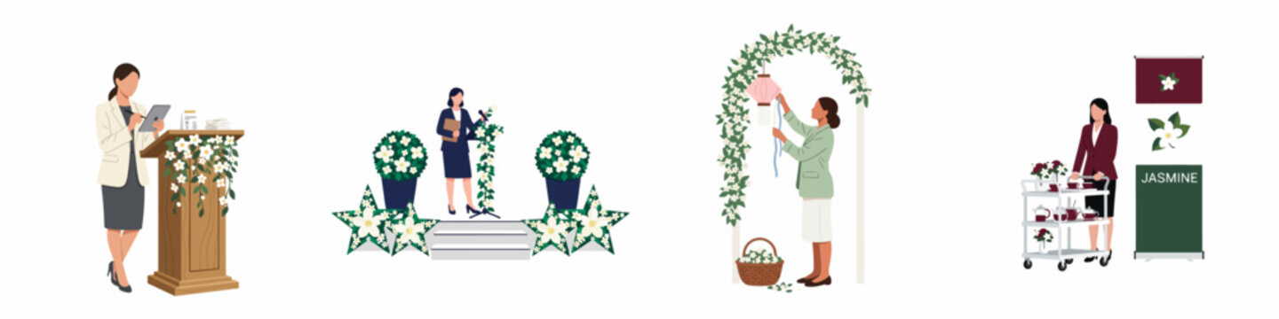 Professional female event planners and coordinators working on jasmine-themed ceremonies, decorations, and catering services in a set of four illustrations.